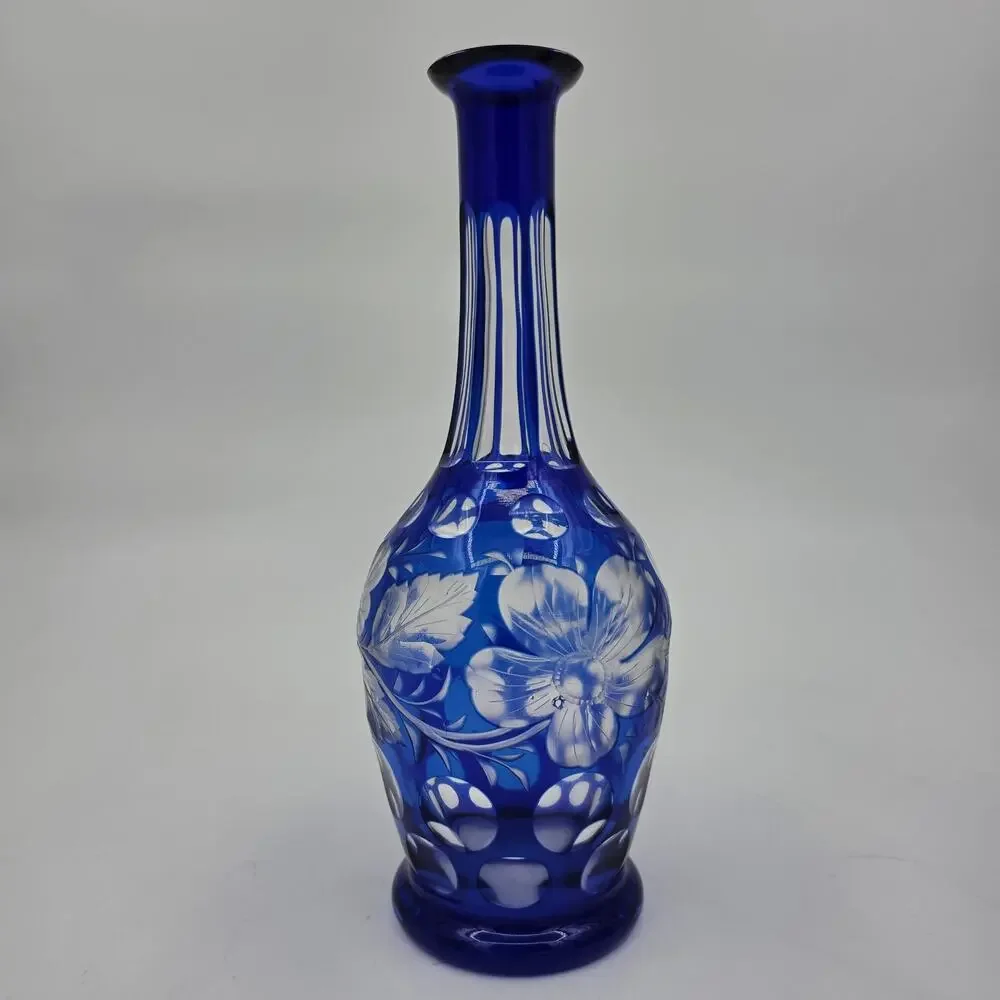 Vintage Bohemian Cobalt Blue Cut to Clear Glass Floral Dot Carafes - Pair 10.5